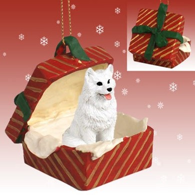 Raining Cats and Dogs | American Eskimo Red Gift Box Dog Christmas Ornament