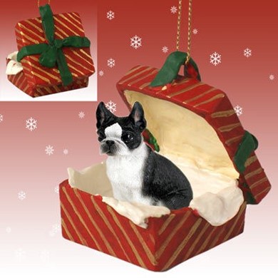 Raining Cats and Dogs | Boston Terrier Red Gift Box Dog Christmas Ornament