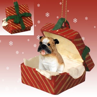 Raining Cats and Dogs | Bulldog Red Gift Box Dog Christmas Ornament