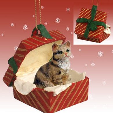 Brown Tabby Cat Gift Box Christmas Ornament