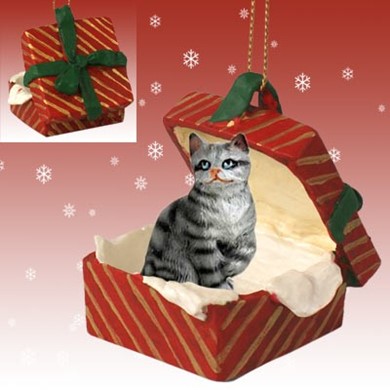 Silver Tabby Cat Gift Box Christmas Ornament