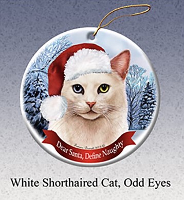 Raining Cats and Dogs | White Odd Eyed Cat Dear Santa Cat Christmas Ornament