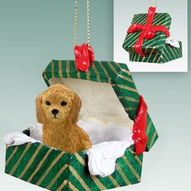 Raining Cats and Dogs | Goldendoodle Green Gift Box Christmas Ornament