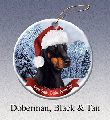 Raining Cats and Dogs | Doberman Black and Tan Dear Santa Dog Christmas Ornament