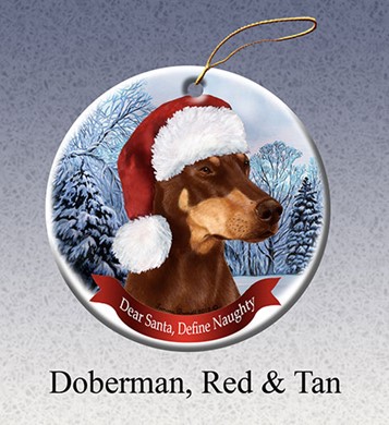 Raining Cats and Dogs | Doberman Red and Tan Dear Santa Dog Christmas Ornament