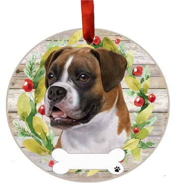 Raining Cats and Dogs | Boxer Dog Wreath Christmas Ornament