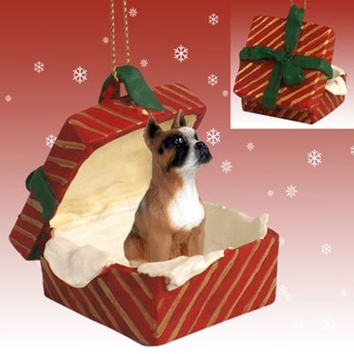 Raining Cats and Dogs | Boxer Red Gift Box Dog Christmas Ornament