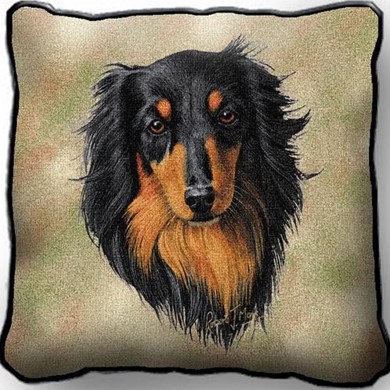 Raining Cats and Dogs | Black Longhaired Dachshund Tapestry Pillow, Made in the USA