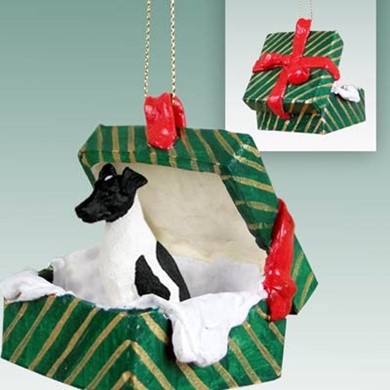 Raining Cats and Dogs | Smooth Fox Terrier Green Gift Box Christmas Ornament