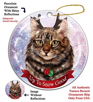 Raining Cats and Dogs | Maine Coon Brown Tabby Cat Up to Snow Good Cat Christmas Ornament