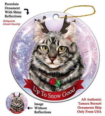 Raining Cats and Dogs | Maine Coon Silver Tabby Cat Up to Snow Good Cat Christmas Ornament