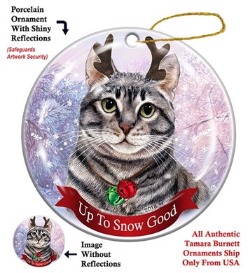 Raining Cats and Dogs | Silver Tabby Cat Up to Snow Good Cat Christmas Ornament