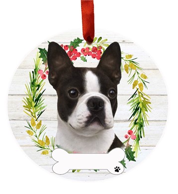 Raining Cats and Dogs | Boston Terrier FB Dog Breed Wreath Christmas Ornament