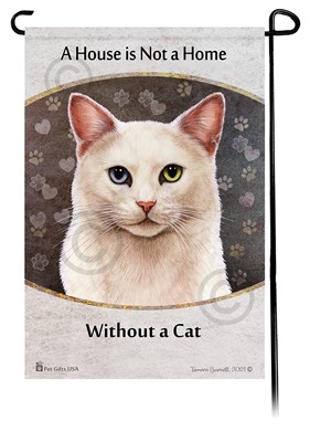 Raining Cats and Dogs | White Cat with Odd Eyes Cat House is Not a Home Garden Flag