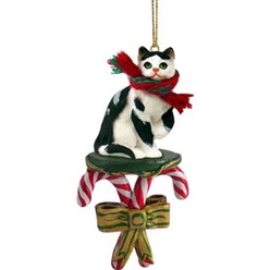 Candy Cane Black and White Cat Christmas Ornament