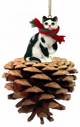 Pine Cone Black and White Cat Christmas Ornament