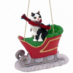 Manx Cat Christmas Ornament with Sleigh- click fr more breed colors