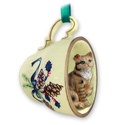 Brown Tabby Cat Tea Cup Holiday Ornament