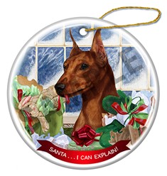 Miniature Pinscher Cropped Santa I can Explain Ornament - click for breed colors