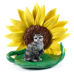 Silver Short Haired Tabby Cat Sunflower Figurine